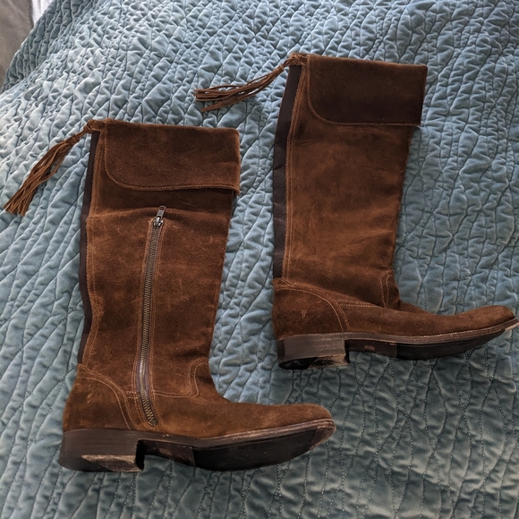 Frye Molly Tassel Tall Brown Suede Leather Boots - Picture 2 of 11